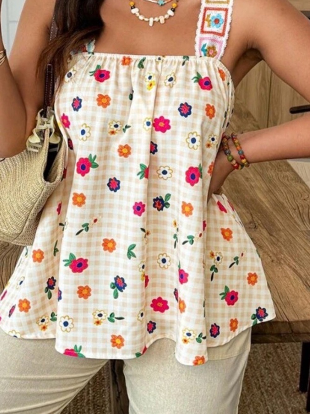 SHEIN Cream Gingham Floral Square-Neck Tank Top